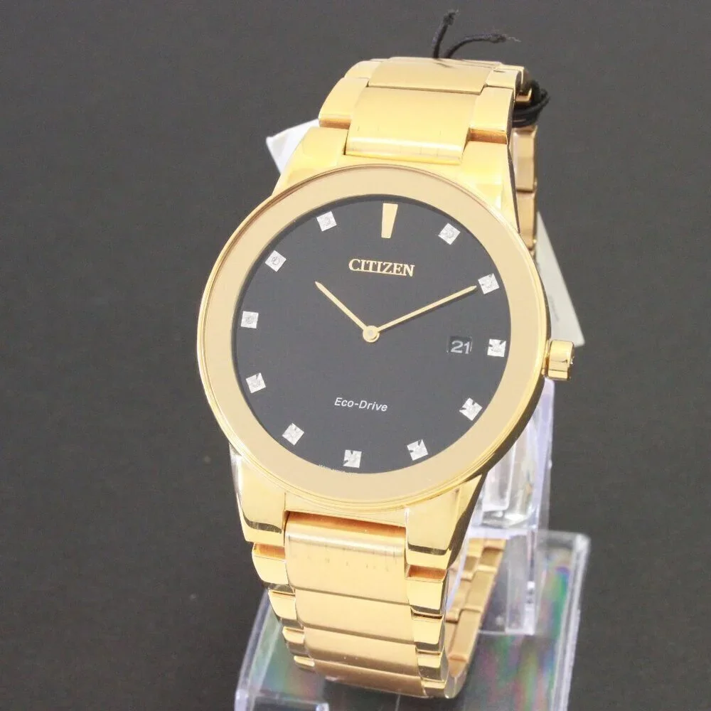 Citizen Axiom Eco Drive Men's Watch Diamond Indices Gold Tone Black Dial 40mm